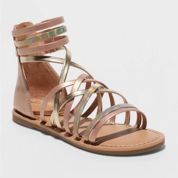 Kids Size 4 Ankle Strap Sandals Gold and Rose Gold - Picture 1 of 9